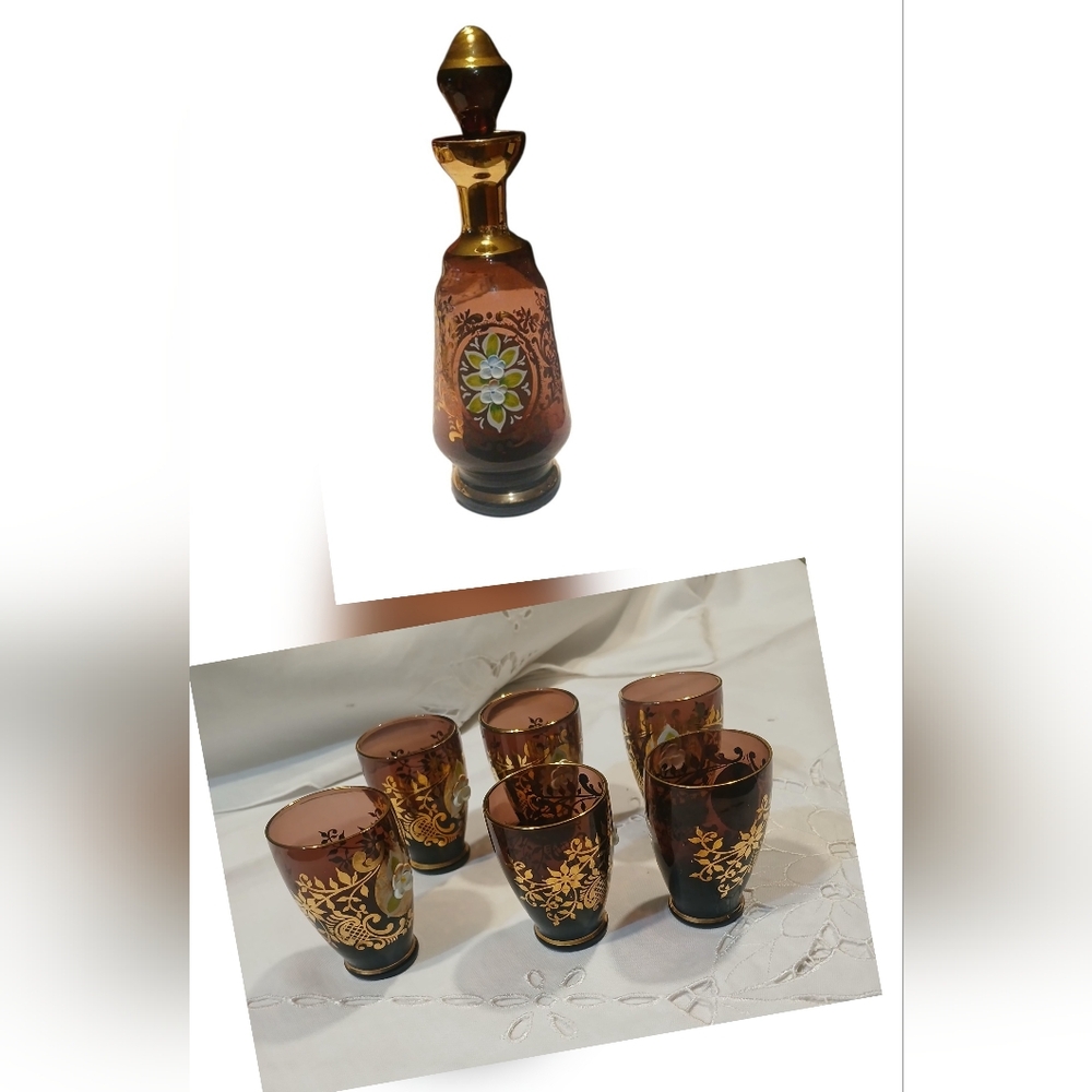 Antique Bohemian Czech Amethyst Gold Trim Glass Decanter Set